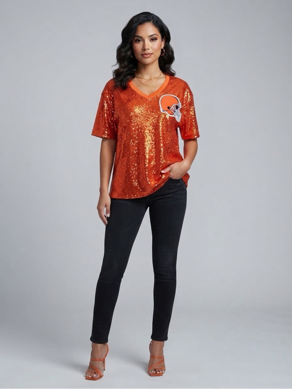 NFL Team Apparel Cleveland Browns Sequin V-Neck Top Women’s Large NWT $75